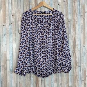 Talbots Plus Petite 2XP Geometric Cube Print Satin Blouse Top Long Sleeve Career